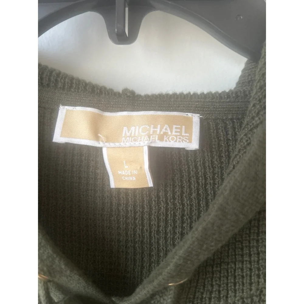 Michael Kors Olive Green Knit Hoodie Sweater Womens Large Kangaroo Pocket L